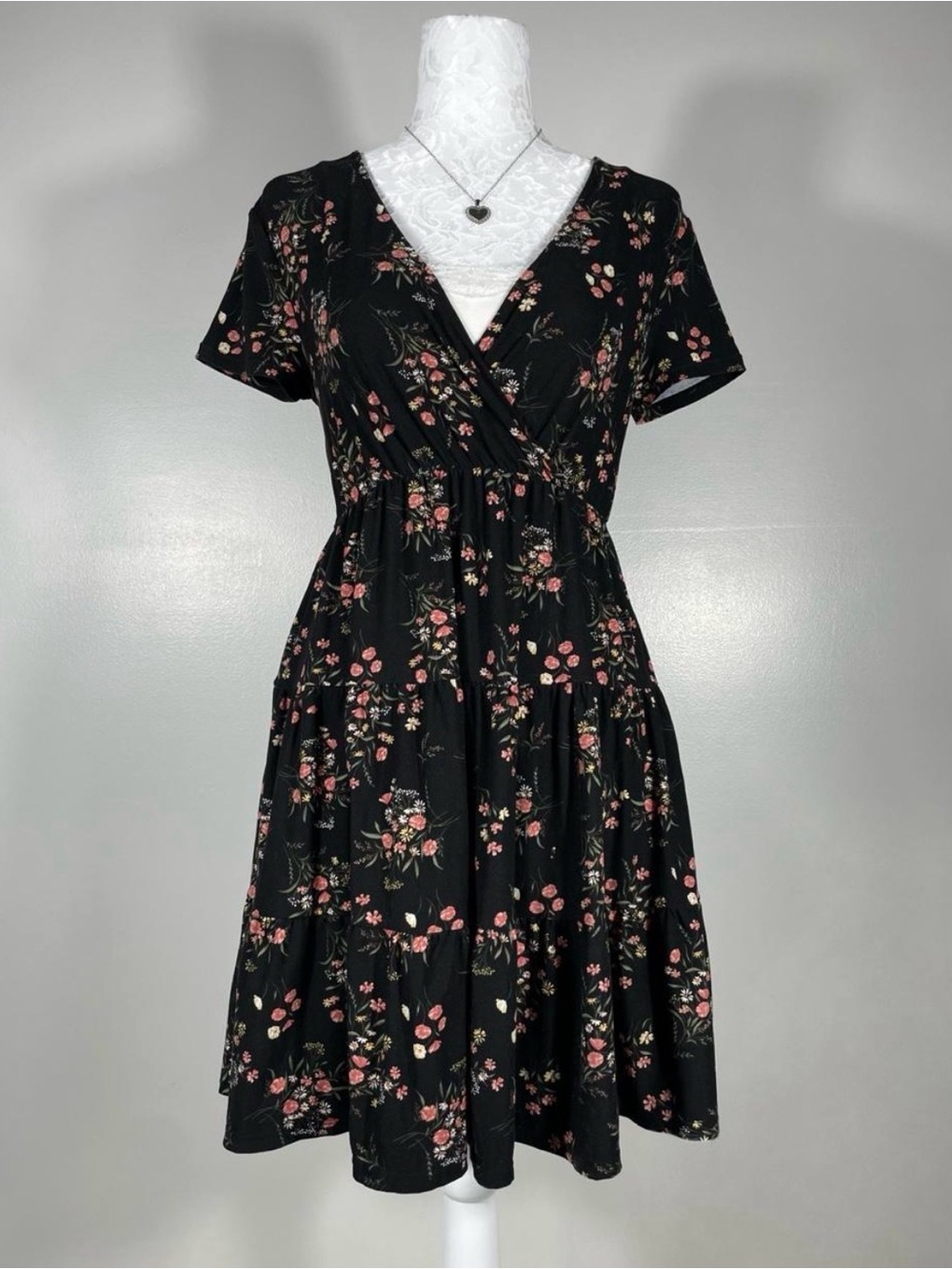 No Boundaries Black Floral V-Neck Tiered Midi Dress